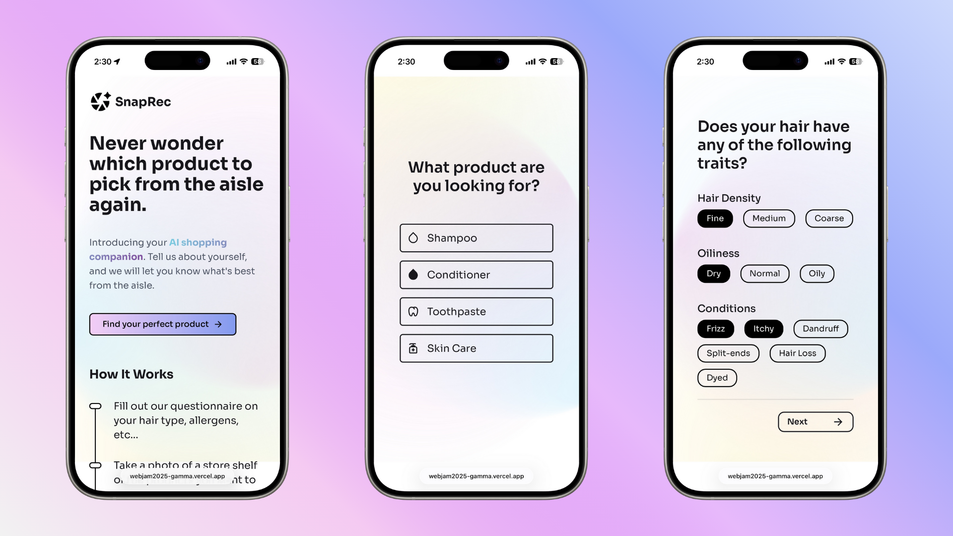 Left: Screenshot of landing page; Middle: Screenshot of product selection page; Right: Screenshot of traits selection page