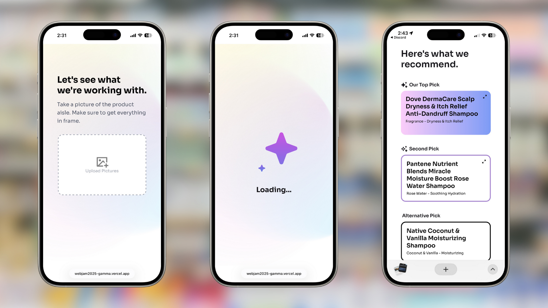 Left: Screenshot of image upload page; Middle: Screenshot of loading screen; Right: Screenshot of results page